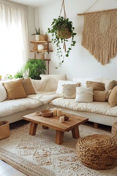 Create a neutral boho living room with cozy textures, soft colors, and natural decor. #BohoDecor #NeutralInteriors #CozyLivingRoom Simple Japandi Living Room, Boho Modern Living Room Inspiration, Boho Living Room White Couch, Minimalist Boho Decor, Light Tan Couch Living Room, Cosy Neutral Living Room, Clean Boho Aesthetic, Elegant Boho Living Room, Boho Neutral Living Room