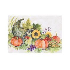 a watercolor painting of pumpkins, sunflowers and gourds