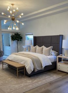 a bedroom with a large bed and two nightstands on either side of the bed