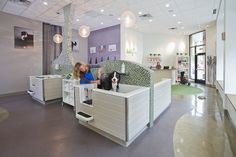 two women sitting on couches in an office setting with purple walls and flooring