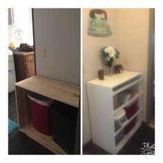 two pictures side by side, one with a shelf and the other with bins