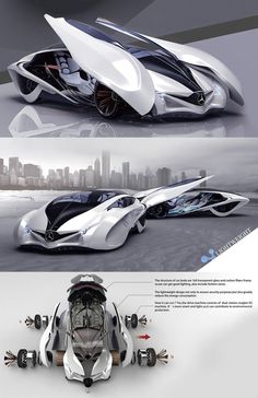 the futuristic vehicle is shown in three different views