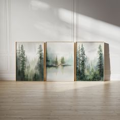 three paintings on the wall in an empty room with wood flooring and white walls