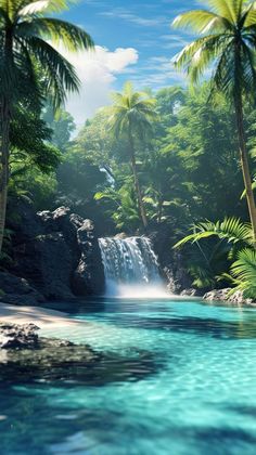 an artist's rendering of a waterfall in the jungle with palm trees and blue water