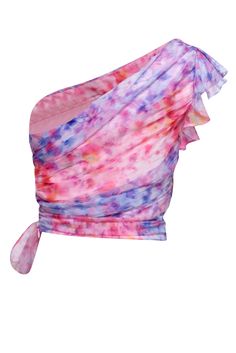 Indulge in the simply sweet style of Amanda Uprichard's Cotton Candy "Bea Top"! The ruffled one shoulder and wrap tie detail give it a flirty feel, while it's pink, purple and yellow watercolor print adds a whimsical charm. Pairs perfectly with white denim and open-toe mules for a dreamy look. Size S Self 100% Polyester Lining 95% Polyester, 5% Elastane Hidden side zipper Wrap tie detailing Ruffled one shoulder Bust 31" Shoulder to hem (right) 19" Elegant One Shoulder Top With Ruffles For Spring, Elegant Ruffled One Shoulder Top For Spring, Elegant One-shoulder Top With Ruffles For Spring, Elegant One-shoulder Ruffled Top For Spring, Elegant One Shoulder Top With Ruffles For Summer, Elegant One Shoulder Ruffled Top For Summer, Spring Ruched Sleeveless One Shoulder Top, Chic Ruched One Shoulder Top For Summer, Ruched Sleeveless One Shoulder Top For Spring