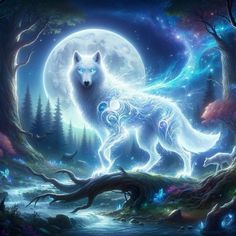 a white wolf standing on top of a forest under a moon filled sky with stars