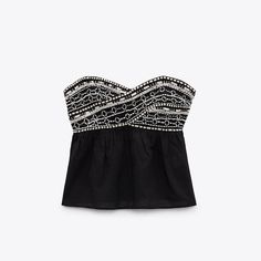 Genuine Zara New With Tag Material: 86% Cotton, 14% Linen Color: Black Natural Fiber Blend Strapless Top With Contrasting Beading & Embroidery Details. Smocked Elastic At Back 2000s Outfit, Beading Embroidery, Stylish Summer Outfits, Linen Color, Cute Preppy Outfits