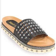 Such Cute Sandals!! I Love These But They Are Too Small. They Are A 9... But They Would Fit A Size 8! They Are Beautiful!!! Casual Vacation Sandals With Studded Outsoles, Casual Studded Sandals For Vacation, Black Sandals With Studded Rubber Outsoles For Beach, Studded Slip-on Sandals For Vacation, Womens Slides Sandals, Ladies Sandals, Shoes Ladies, Cute Sandals, Womens Slides