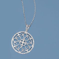 Ross-Simons - .10ct t. w. Diamond Filigree Circle Pendant Necklace. 18". Reminiscent of old world style, this circle pendant necklace draws the eyes with its open filigree design. The delicate curves and swirls are highlighted with texturing and .10 ct. t. w. of diamonds. Suspends from a rolo chain with a lobster clasp. Sterling silver pendant necklace. Diamond birthstones are the perfect gift for April birthdays. White Gold Filigree Round Pendant Jewelry, Formal Filigree Round Pendant Jewelry, Diamond Filigree Round Pendant Jewelry, Metal Filigree Round Pendant Necklaces, Antique Silver Filigree Round Pendant Necklace, Pendant Necklace Diamond, Necklace Drawing, Black Diamond Solitaire, Diamond Heart Pendant Necklace