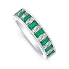 The 'Diamond and Emerald Baguette Band' is sized like our 'Medium Classic Diamond Baguette Band,' yet uniquely elevated with it's symmetrical, alternating two-stone design.  This gorgeous band is hand-set in 18kt white gold the highest quality emeralds and collection cut baguette diamonds.  Also available in 18kt yello Classic White Gold Emerald Ring, Baguette Cut, Exquisite White Gold Baguette Cut Emerald Ring, Formal Baguette-cut Emerald Earrings, Green Baguette-cut Platinum Jewelry, Gia Certified Baguette-cut Emerald Platinum Ring, Baguette Band, Baguette Diamond Band, Heirloom Rings, Emerald Diamond Ring