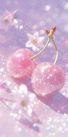 two pink cherries with water droplets on them, against a purple and white background