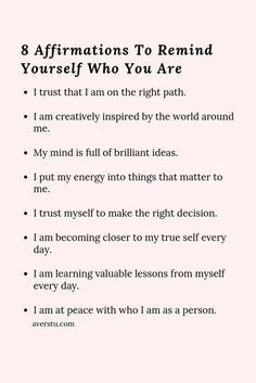 a pink background with the words 8 affirmations to remind yourself who you are