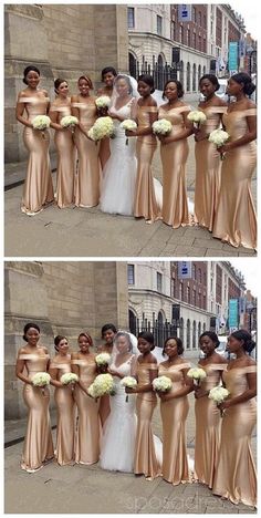 the bridesmaids are posing for pictures in gold dresses and bouquets on their wedding day