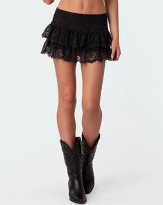 https://edikted.com/collections/back-in-stock/products/s13398_black Black Mini Skirt With Cowboy Boots, Black Lace Mini Skirt For Summer, Black Lace Trim Mini Skirt For Summer, Black Mini Skirt Cowboy Boots, Black Ruffle Hem Mini Skirt, Concert Fits, Cute Fits, Summer Wardrobe, Summer Outfits