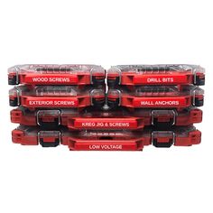 six red tool boxes stacked on top of each other with the words wood screws attached to them