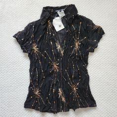 Unique Crinkly Chiffon Collared Button Up Blouse That Has Embroidery And Sequins That Look Kinda Like Fireworks Or Starbursts In My Opinion. It Has Tons Up Of Stretch Due To The Crinkle Pleats. Nwt In Perfect Condition. Simply Irresistible Labled Size Small Fits Up To A Medium Well Lays Comfortably At About 13" Width - Stretches To 18" 13" Pit To Hem 1990s 2000s 90s 00s Vtg Vintage Goth Gothic Whimsygoth Office Business Retro Chic Edgy Boho Gypsy Gypsie Beading Beaded Sequined Embroidered Brown Gold Summer Top With Button Closure, Summer Gold Top With Buttons, Summer Gold Tops With Buttons, Casual Fitted Embellished Blouse, Edgy Boho, Medium Well, Maroon Blouse, Simply Irresistible, Vintage Goth