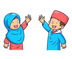 two children in blue and red clothing are waving their hands up to each other, with one child wearing a headscarf