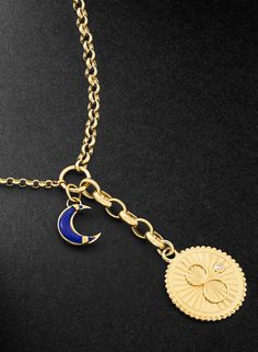 Foundrae's 'Mixed Belcher' chain necklace is handmade from polished gold and strung with a pendant featuring the number eight, it represents returning energy or infinity depending on the way you hold it. It has a lapis lazuli crescent moon charm and single diamond. Luxury Yellow Gold Charm Necklaces With Detachable Pendant, Timeless Gold-plated Charm Necklaces, Celestial Style Yellow Gold Jewelry With Adjustable Chain, Celestial Yellow Gold Jewelry With Adjustable Chain, Yellow Gold Amulet Pendant Necklace, Celestial Style Yellow Gold Necklace With Polished Finish, Luxury Yellow Gold Charm Pendant Necklace, Luxury Yellow Gold Pendant Charm Necklace, Luxury Pendant Chain Necklace With Charms