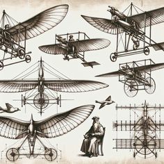 an old fashioned drawing of airplanes and people