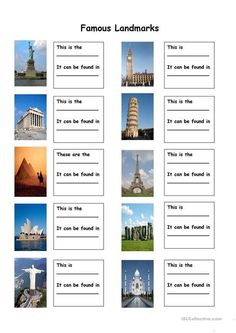 famous landmarks worksheet with pictures and words to describe the locations in each country