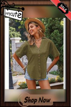 Army Green Side Split Button Short Sleeve Shirt Khaki Tops With Button Cuffs For Spring, Khaki Button-up Shirt For Summer, Button-up Tops With Button Cuffs For Vacation, Vacation Button-up Tops With Button Cuffs, Khaki Button-up Top With Snap Buttons, Khaki Summer Shirt With Button Closure, Casual Khaki Tops With Buttons, Summer Khaki Shirt With Button Closure, Summer V-neck Top With Button Cuffs