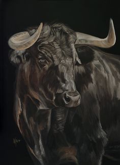 a painting of a bull with large horns on it's head, standing in front of a black background