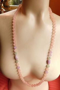 Lampwork bead necklace with mostly light pink beads...has a little darker purple and green accent colors - 30" length...can be doubled over Condition: Excellent AMERICAN VINTAGE CLASSICS RW039 Pink Beads Necklace, Lampwork Bead Necklace, Square Toe Shoes, Vintage Classics, Rose Pale, Purple And Green, Pink Beads, Green Accents, Glass Bead Necklace