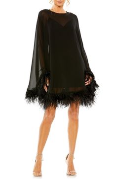 Choose a feathery chiffon frock and let everyone know you understand that formal is supposed to be fun. 34 1/2" length Jewel neck Long sleeves Slip lining 100% polyester Spot clean Imported Asian Owned/Founded Luxury Glamorous Long Sleeve Cocktail Dress, Luxury Elegant Midi Dress For Holiday Party, One Long Sleeve Cocktail Dress, Cheap Glamorous Dresses For Holiday Party, Luxury Long Sleeve Cocktail Dress For Winter, Festive Luxury Dresses With Blouson Sleeves, Little Black Dress Accessories Party, Affordable Chic Dresses For Holiday Party, Long Sleeve Holiday Cocktail Dress