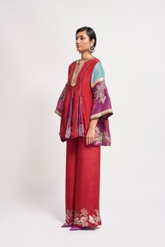 Auburn red applique embellished habutai silk short godet kurta, wide leg pants & teal dupatta. From Aisha Rao's Kinfolk collection. DELIVERY TIMEPlease allow 6-8 weeks for your outfit to arrive. FABRIC DETAILSSilk Professional cleaning only. Red Semi-stitched Cotton Silk Sharara, Red Cotton Silk Sharara With Traditional Drape, Red Slub Silk Sets For Festivals, Red Sets With Mirror Work For Eid, Red Cotton Silk Kurta For Eid, Red Cotton Silk Sets With Dupatta, Bollywood Style Red Cotton Silk Sharara, Red Cotton Silk Sharara For Diwali, Red Anarkali Sharara In Cotton Silk