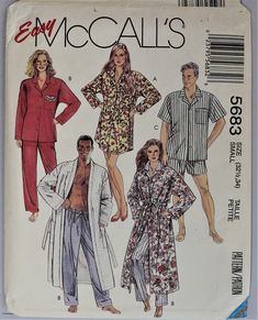 McCall's 5683.  Misses/Mens pajamas, nightshirt and robe pattern.  Choose size at checkout. Size Small.  (Chest/bust 32.5, 34")  Uncut, factory folded. Size Large.  (Chest/bust 40,42)  Uncut, factory folded.  Storage wear on envelope. As described, "Kimono styled robe has separate front and back band, patch pockets with optional applique for View B, belt carriers and tie belt.  Nightshirt A with shaped hemline and pajama top B, C all have buttoned front, patch pockets and long or short sleeves.  Pull on pajama pants B or Shorts C, without side seams, have fold back casing at waist with option of elastic or self fabric drawstring." "Easy sew", classic "man" style pajamas are so comfortable and nice, as is the kimono style robe. Kimono Robes Pattern, Kimono Pajamas, Sewing Patterns For Beginners, Fabric Crochet, Pajama Pattern, Classic Pajamas, Boys Sleepwear, Kimono Pattern, Mens Fashion Classic