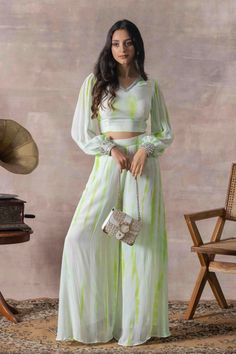 Festive Spring V-neck Palazzo Set, Bohemian Pant Set For Spring Festive Occasion, Summer Festive V-neck Palazzo Set, Festive Cropped Sets For Spring, Spring Festive Cropped Sets, Festive Cropped Spring Sets, Bohemian Summer Festive Pant Set, Bohemian Green Pant Set For Summer, Green Bohemian Pant Set For Summer