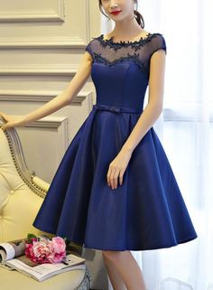 Blue Knee Length Dress Formal, Homecoming Formal Dresses, Knee Length Cocktail Dress, Short Satin, Color Rush, Homecoming Dresses Short, Knee Dress, Homecoming Dress, Elegant Outfit