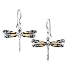 LOVCIA Premium 18k Gold and Sterling Silver Dragonfly Drop Earrings with French Wire Backings Dragonfly Design, Dragonflies Design, Dragonfly Earrings, French Wire, Dangling Earrings, Silver Drop Earrings, Fine Earrings, 925 Sterling Silver Earrings, Metal Stamping