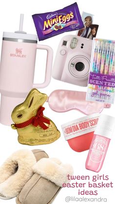 here’s a few ideas i have been brainstorming for my tweens easter basket this year. I know all teens are into stanley tumblers, sephora hauls and cute girly accessories. i love these ugg dupe slippers, and every kid needs an instant mini Girls Easter Basket Ideas, Girls Easter Basket, Sephora Haul, Gel Pens Set, Girly Accessories, Pen Sets