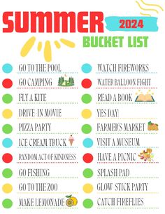 the summer bucket list is shown in red, green and blue with words on it