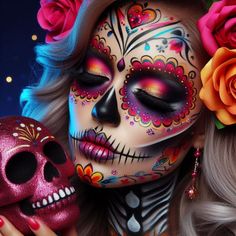 Sugar skull makeup is a colorful and artistic face painting style inspired by the Mexican holiday, Día de los Muertos (Day of the Dead). It involves using bright colors, white and black paint to create designs on the face that resemble ornate sugar skulls. People wear this makeup to celebrate and remember loved ones who have passed away, especially on November 2nd, the Day of the Dead. Easy, pretty, simple, tutorial, diy, ideas, half face, colorful, men, kids. Halloween Australia, Diy Makeup Looks, Halloween Makeup Sugar Skull, Dead Costume