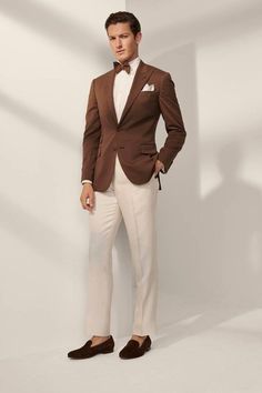 Cream And Brown Suit Men, Men Blazer Outfit Formal, Cream Suit Men, Brown Blazer Outfit Men, Brown Blazer Men, Men Blazer Outfit, Brown Blazer Outfit, Tuxedo Colors