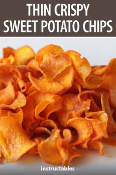 thin crispy sweet potato chips on a white plate with text overlay that reads, thin crispy sweet potato chips