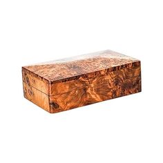 a wooden box sitting on top of a white surface