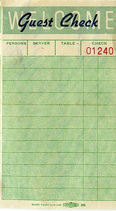 a green check card with the words guest check written on it in red and black