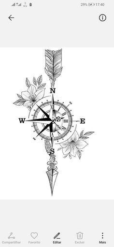 a black and white drawing of a compass with flowers