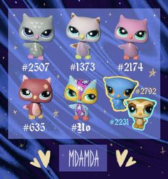 littlest pet shop stickers are shown on a blue and purple background with stars