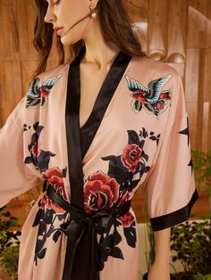 Best Pink Rose Silk Bathrobe For Women | Kimono Dressing Gown - Ulivary Butterfly Kimono, Cotton Robes, Rose Butterfly, Pink Kimono, Velvet Kimono, Silk Kimono Robe, Long Gown Dress, Floral Robes, Pajama Party