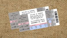 three tickets are sitting next to each other on a burlap background with the same ticket