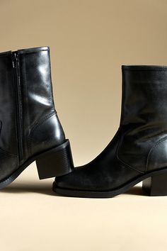 Leather upper, insole Rubber sole Side zip Imported | Block Heel Boots by Anthropologie in Black, Women's, Size: 36, Leather/Rubber Anthropologie Logo, Anthropologie Boots, Women Heel Boots, Black Moto Boots, Tall Brown Boots, Black Heel Boots, Dress Boots, Block Heel Boots, Black Boots Women