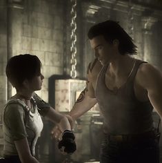 two people in a room with chains hanging from the ceiling and one person shaking hands