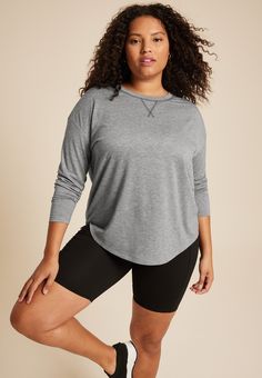 Plus Size 24/7 Clara Long Sleeve Tee - Materials & Care:imported - 82% polyester 13% rayon 5% spandex - machine wash Versatile Stretch Tops For Loungewear, Stretch Tops For Loungewear, Gray Stretch Tops For Loungewear, Versatile Everyday Tops With 4-way Stretch, Gray Relaxed Fit Top With Go-dry Technology, Gray Athleisure Top For Everyday, Moisture-wicking Relaxed Fit Tops For Loungewear, Versatile Moisture-wicking Tops For Loungewear, Versatile Gray Workout Top