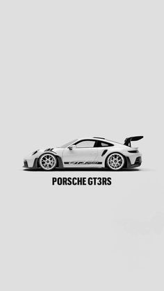 a white sports car with the words porsche gt3rs on it