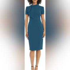 Nwt Color: Deep Lagoon Blue Fitted Career Dress, Blue Sheath Dress For Career, Spring Career Dress In Blue, Blue Career Dresses For Spring, Blue Spring Career Dress, Neck Tie Women, Teal Midi Dress, Puff Sleeves Dress, London Women