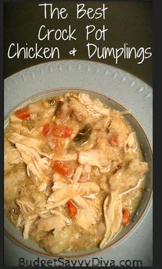 the best crock pot chicken and dumplings recipe in a bowl on a plate